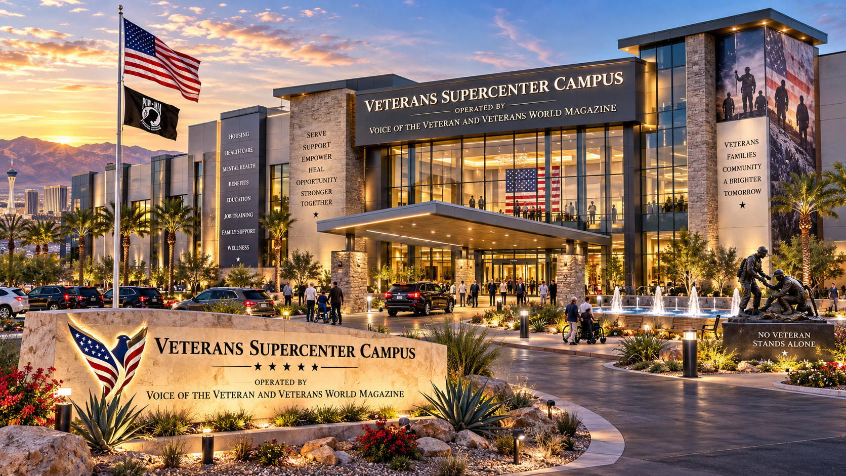 Architectural concept for the Veterans Supercenter Campus at dusk
